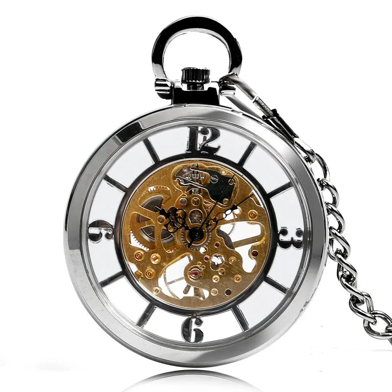 Transparent Open Face Hollow Skeleton Mechanical Pocket Watch Hand Winding Vintage Clock Birthday Gift with Pocket Chain reloj