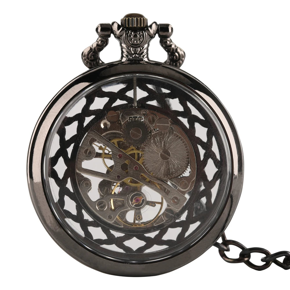 Transparent Open Face Hollow Skeleton Mechanical Pocket Watch Hand Winding Vintage Clock Birthday Gift with Pocket Chain reloj