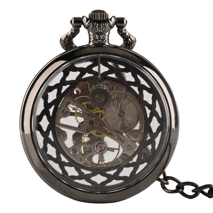 Transparent Open Face Hollow Skeleton Mechanical Pocket Watch Hand Winding Vintage Clock Birthday Gift with Pocket Chain reloj