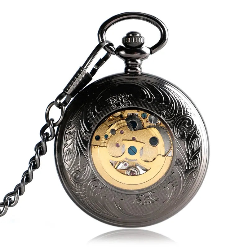 Classic Black Smooth Mechanical Automatic Self-wind Pocket Watch Skeleton Luxury Fob Watches Men Women Gift Relogio De Bolso