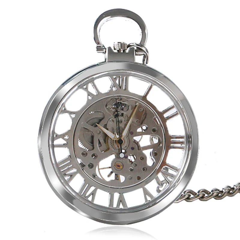 Transparent Open Face Hollow Skeleton Mechanical Pocket Watch Hand Winding Vintage Clock Birthday Gift with Pocket Chain reloj