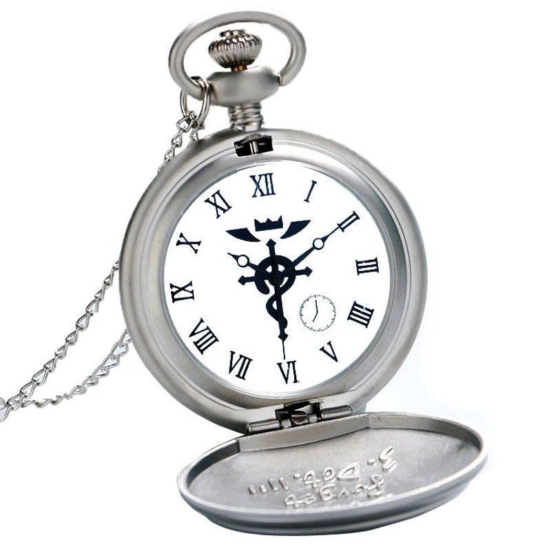 Luxury Silver Fullmetal Alchemist Pocket Watch with Edward Elric's Glass Dome Pendant Necklace Men Women Christmas Gifts Box Set