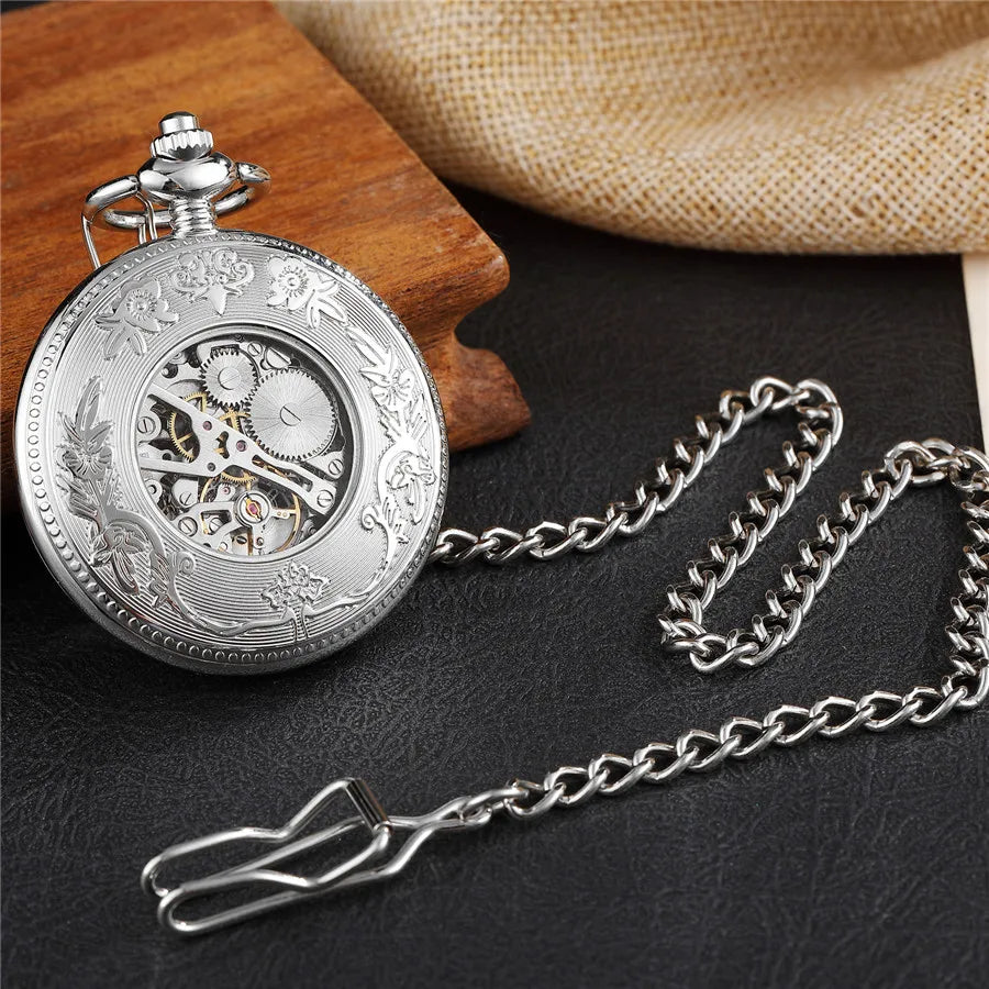 Pocketwatch Silver  Roman Numerals Antique Hand Wind Mechanical Pocket Watch Skeleton Steampunk Unique Gear Men Women Top