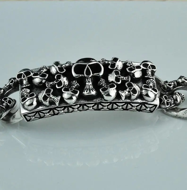 Unibabe Pure Silver Sterling 925 Silver Vintage Skull Carved Chain & Link Lock S925 Bracelet
