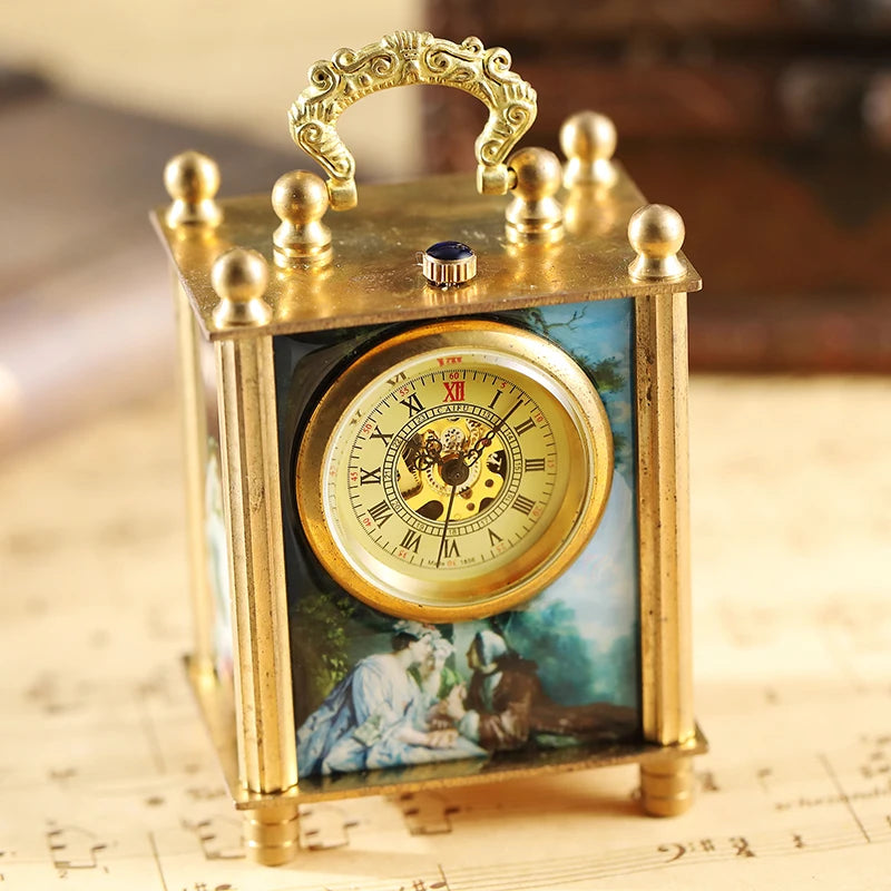 Retro Bronze Oil Painting Style Mini Home Decoration Watch Clock Unique Antique Art Hand-wind Mechanical Pocket Watch Clock Mens