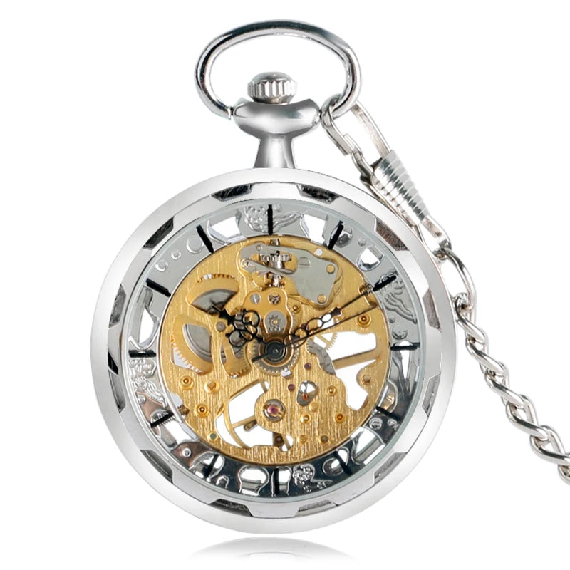 Transparent Open Face Hollow Skeleton Mechanical Pocket Watch Hand Winding Vintage Clock Birthday Gift with Pocket Chain reloj