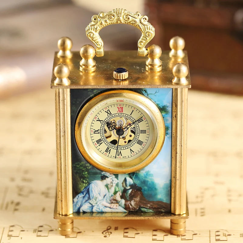 Retro Bronze Oil Painting Style Mini Home Decoration Watch Clock Unique Antique Art Hand-wind Mechanical Pocket Watch Clock Mens
