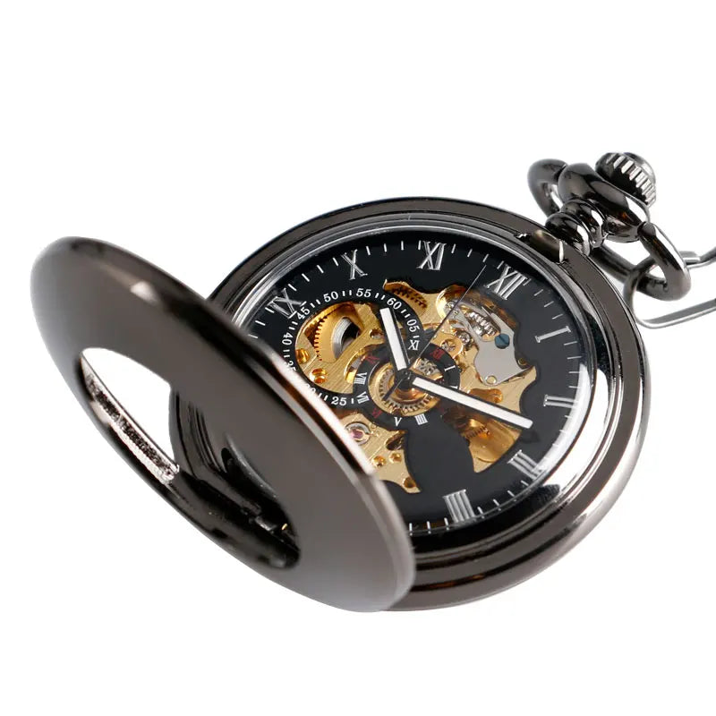 Classic Black Smooth Mechanical Automatic Self-wind Pocket Watch Skeleton Luxury Fob Watches Men Women Gift Relogio De Bolso