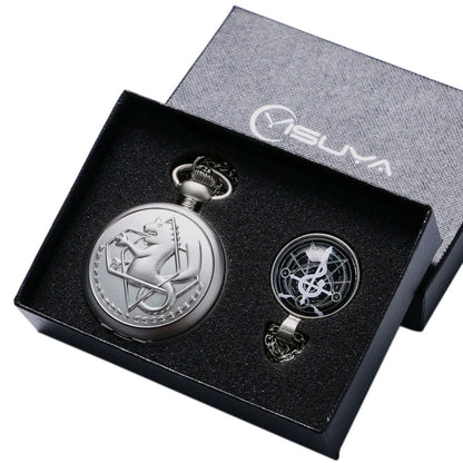 Luxury Silver Fullmetal Alchemist Pocket Watch with Edward Elric's Glass Dome Pendant Necklace Men Women Christmas Gifts Box Set