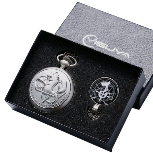 Luxury Silver Fullmetal Alchemist Pocket Watch with Edward Elric's Glass Dome Pendant Necklace Men Women Christmas Gifts Box Set