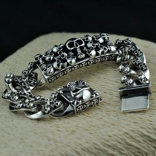 Unibabe Pure Silver Sterling 925 Silver Vintage Skull Carved Chain & Link Lock S925 Bracelet