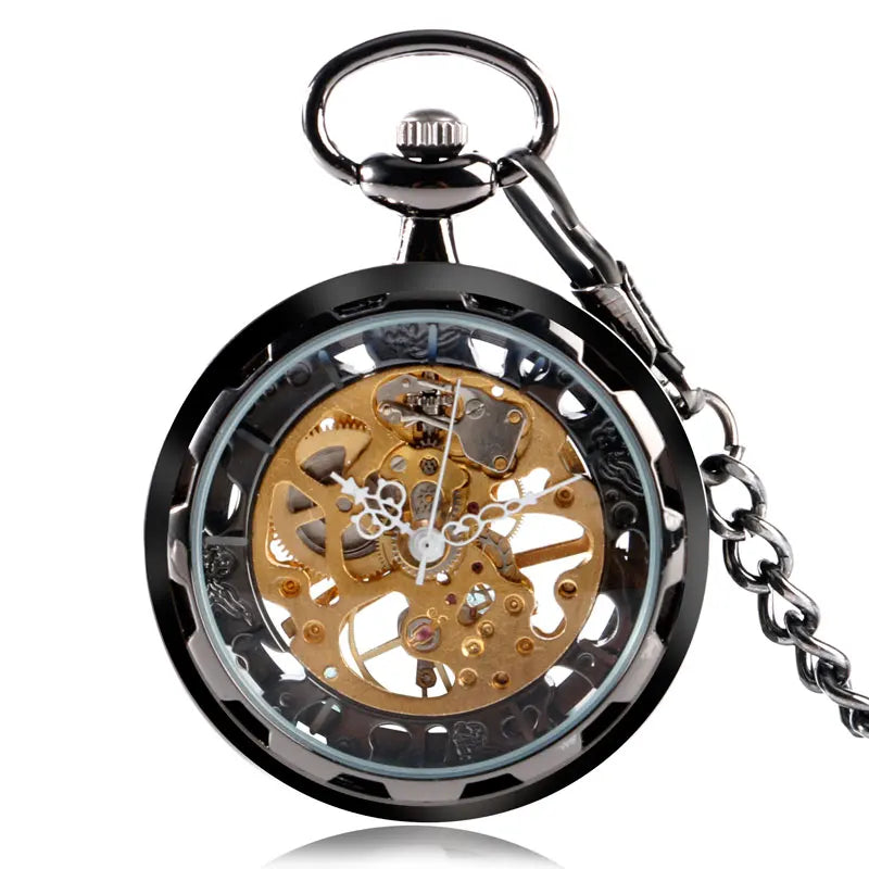 Transparent Open Face Hollow Skeleton Mechanical Pocket Watch Hand Winding Vintage Clock Birthday Gift with Pocket Chain reloj