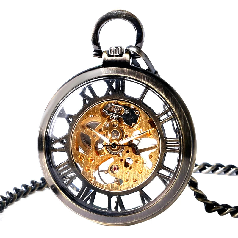 Transparent Open Face Hollow Skeleton Mechanical Pocket Watch Hand Winding Vintage Clock Birthday Gift with Pocket Chain reloj