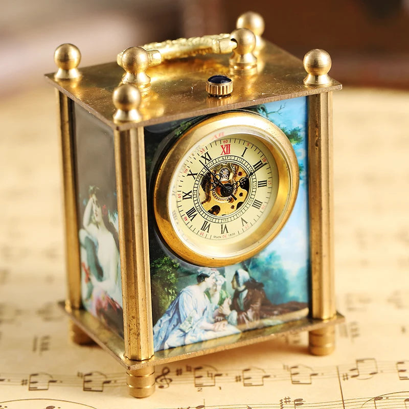 Retro Bronze Oil Painting Style Mini Home Decoration Watch Clock Unique Antique Art Hand-wind Mechanical Pocket Watch Clock Mens