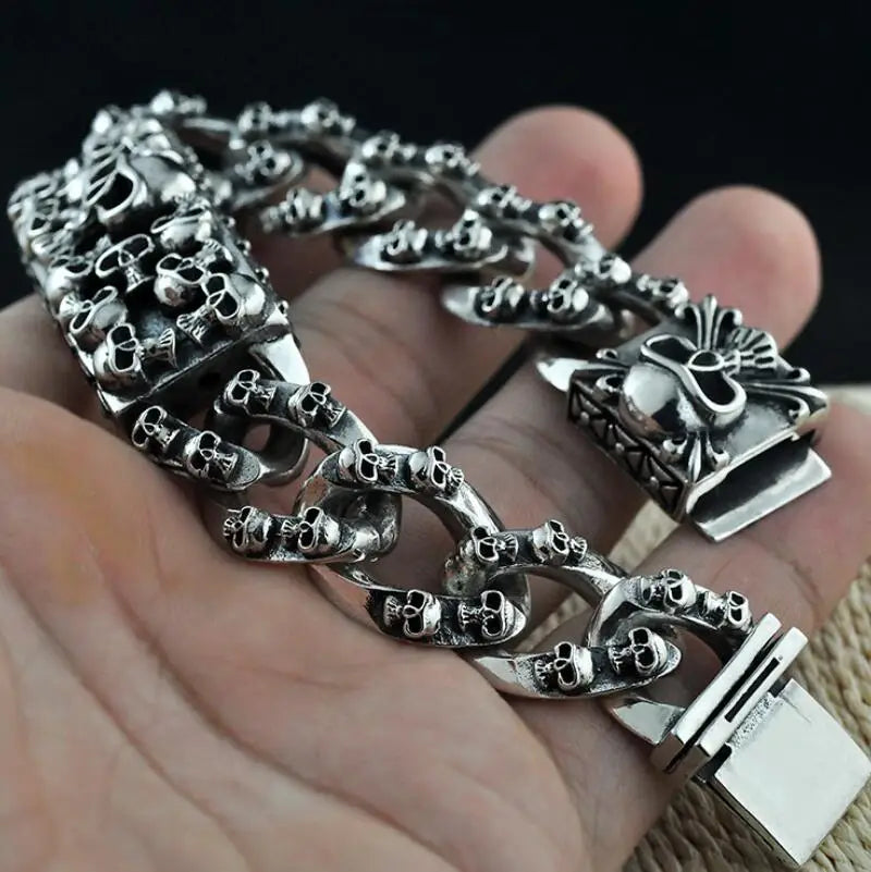 Unibabe Pure Silver Sterling 925 Silver Vintage Skull Carved Chain & Link Lock S925 Bracelet
