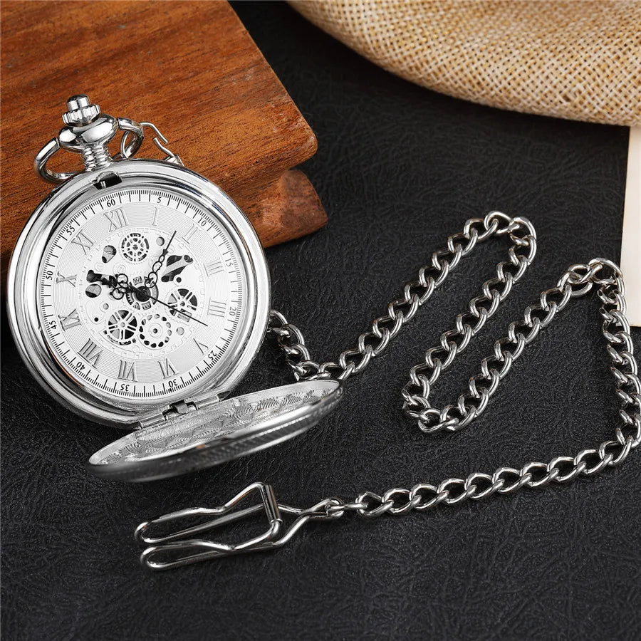 Pocketwatch Silver  Roman Numerals Antique Hand Wind Mechanical Pocket Watch Skeleton Steampunk Unique Gear Men Women Top