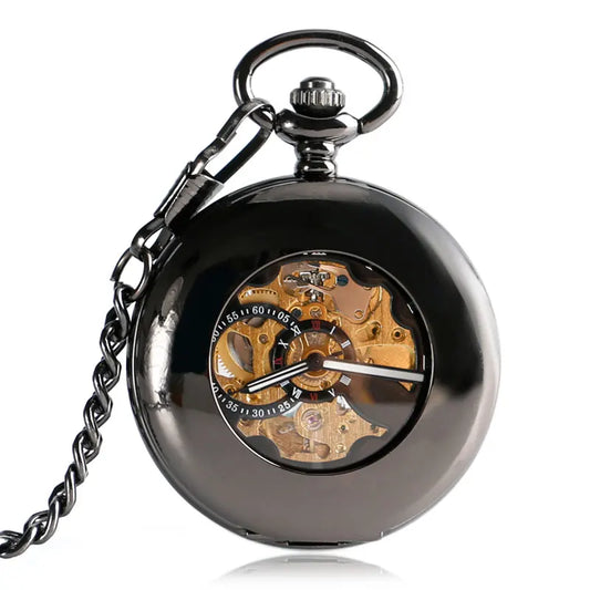 Classic Black Smooth Mechanical Automatic Self-wind Pocket Watch Skeleton Luxury Fob Watches Men Women Gift Relogio De Bolso
