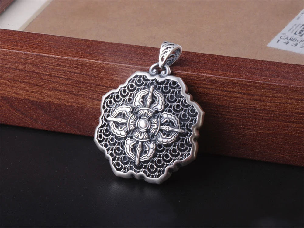 BOCAI S999 Sterling Silver Charm Pendants Hollow Out Lotus Vajra Pestle Hanging Jewelry Pure Argentum Amulet for Men and Women