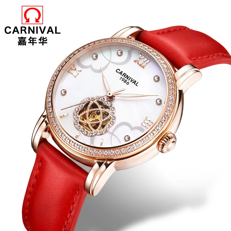 CARNIVAL Fashion Tourbillon Watches for Woman Luxury Diamond Automatic Watch Waterproof Leather Sapphire Mechanical Wristwatches