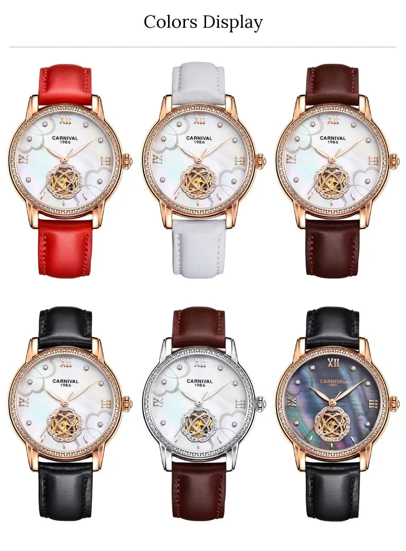 CARNIVAL Fashion Tourbillon Watches for Woman Luxury Diamond Automatic Watch Waterproof Leather Sapphire Mechanical Wristwatches