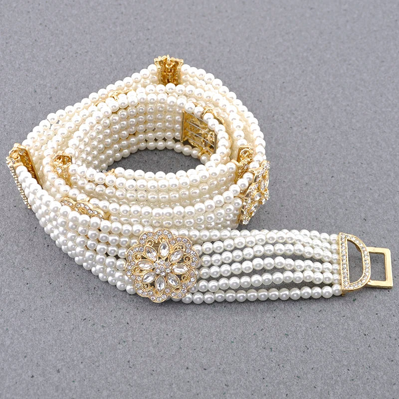 New Gorgeous Woman Pearl Waist Chain Body Belly Chains Adjustable Length Jewelry European Bride Wedding Flower Pearl Belt