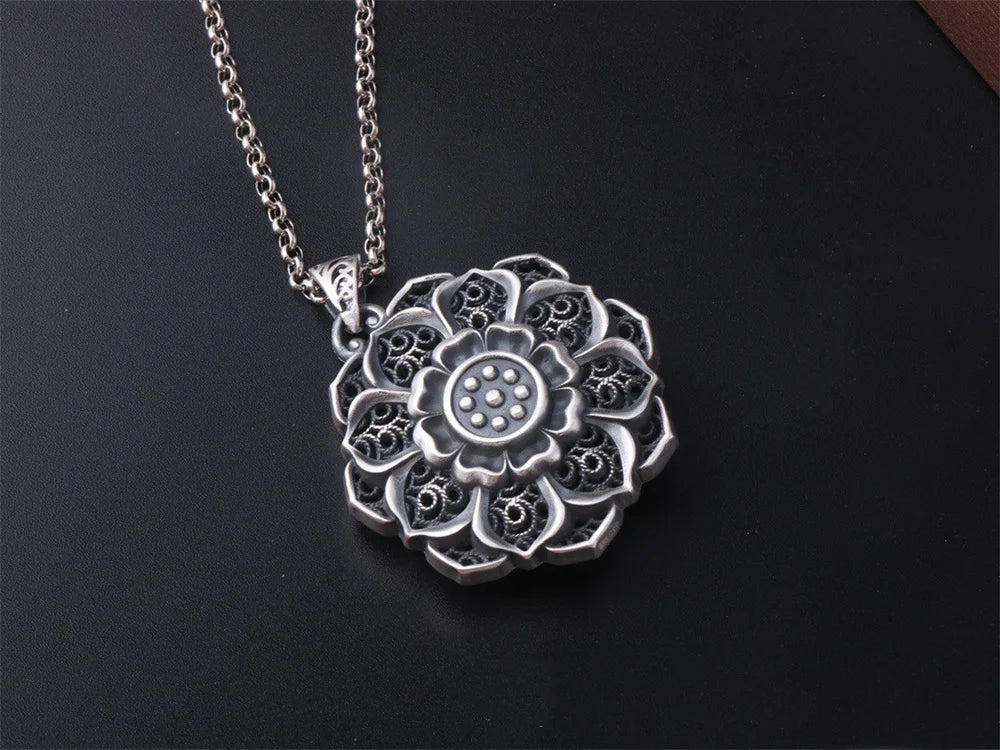 BOCAI S999 Sterling Silver Charm Pendants Hollow Out Lotus Vajra Pestle Hanging Jewelry Pure Argentum Amulet for Men and Women