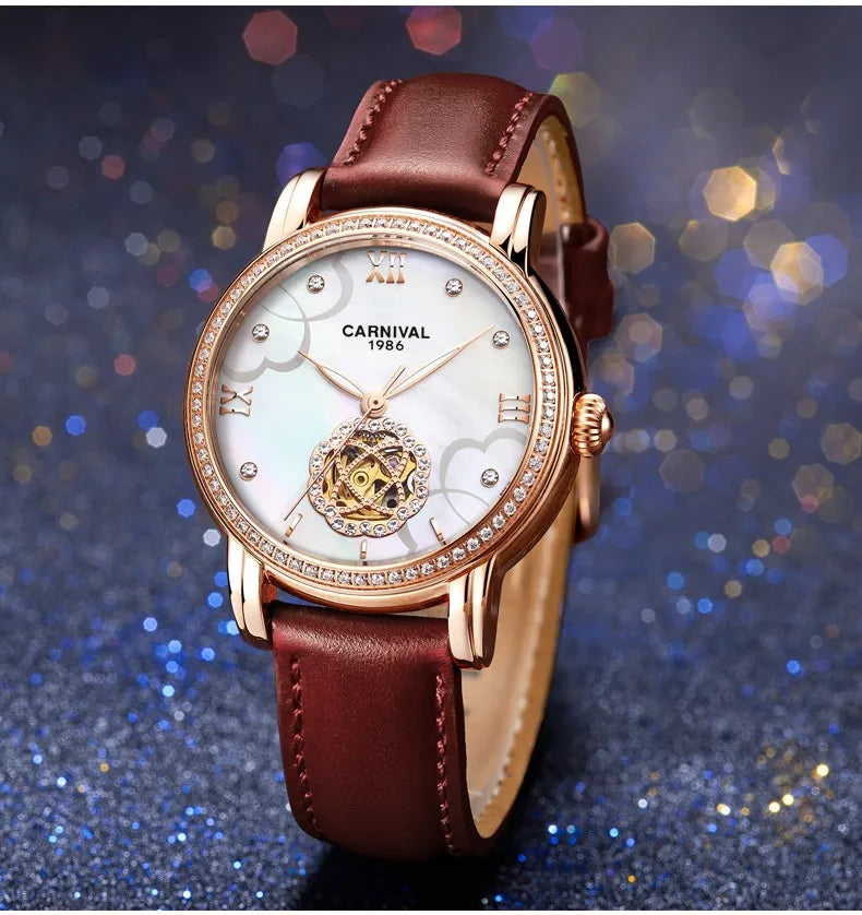 CARNIVAL Fashion Tourbillon Watches for Woman Luxury Diamond Automatic Watch Waterproof Leather Sapphire Mechanical Wristwatches