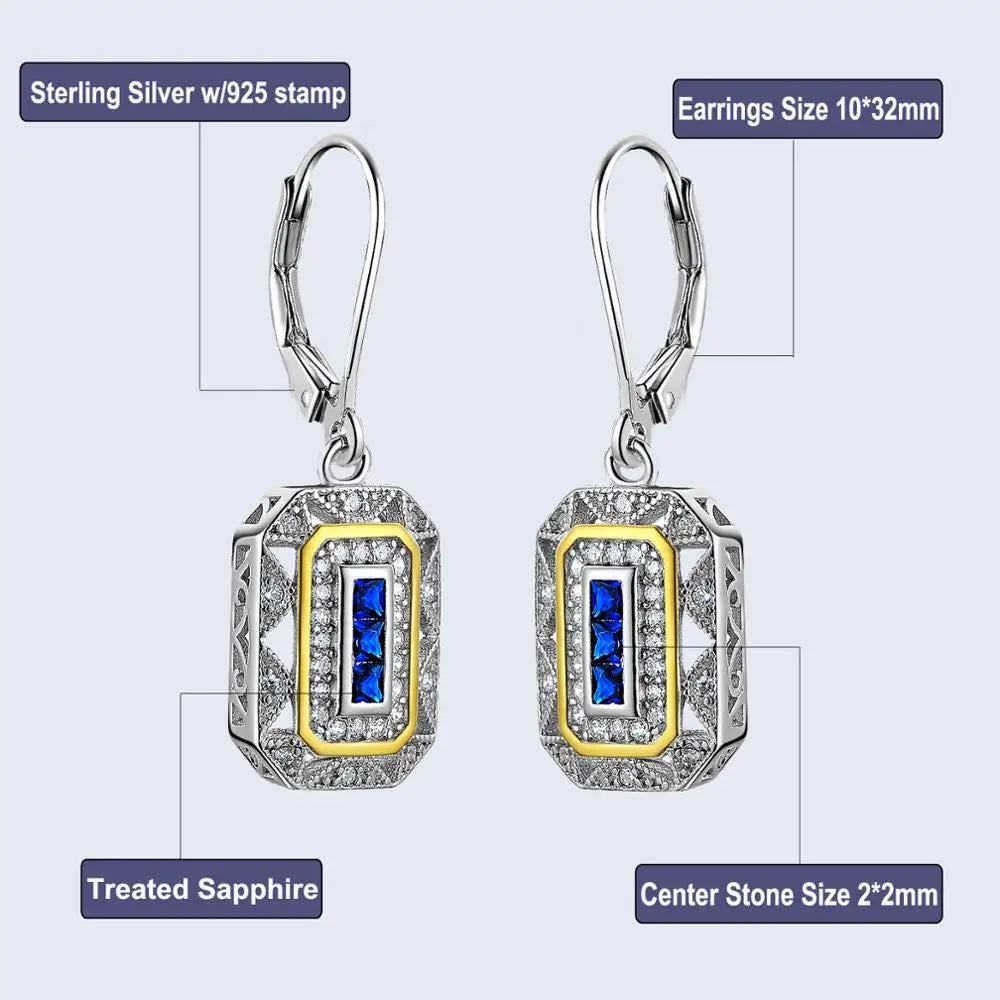 Newshe Solid 925 Sterling Silver K Gold Dangle Drop Earrings for Women Sapphire White AAAAA CZ Vintage Jewelry JE1581