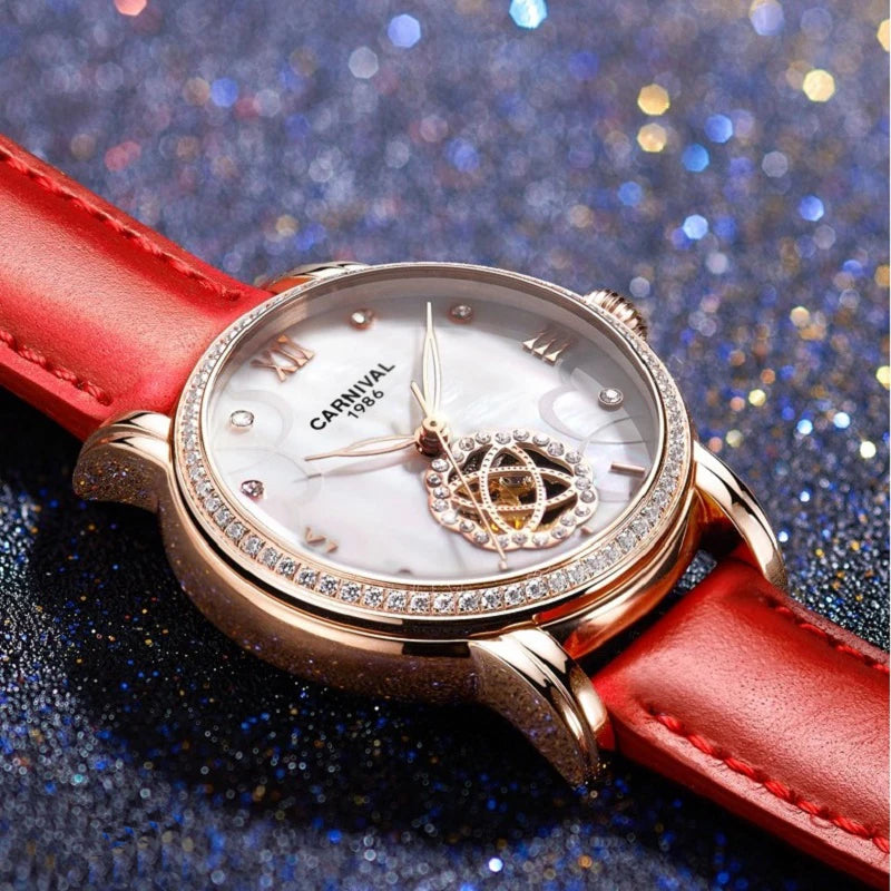 CARNIVAL Fashion Tourbillon Watches for Woman Luxury Diamond Automatic Watch Waterproof Leather Sapphire Mechanical Wristwatches