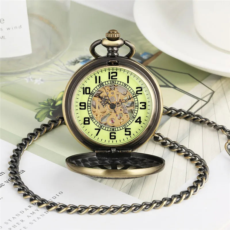 Antique Luminous Dial Mechanical Pocket Watch Bronze Hollow Wheel Unisex Hand-Winding Clock Steampunk Pendant Chain Gift reloj