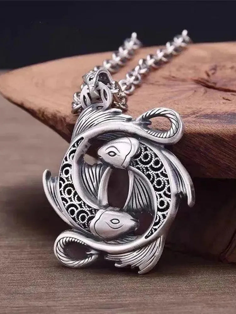 BOCAI New Trendy 100% S925 Silver Pisces Koi Good Luck Ethnic Retro A Pair Of Fish Play In The Water Man and Woman Pendant
