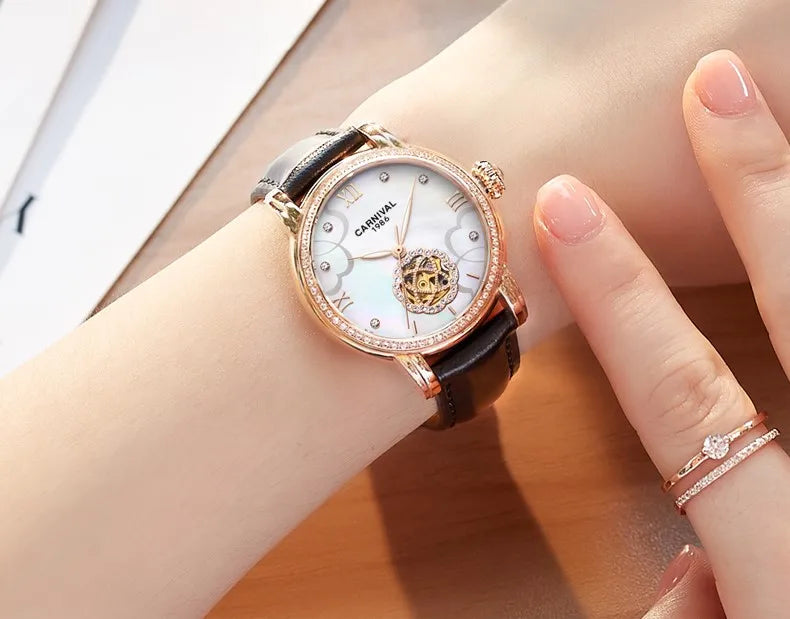 CARNIVAL Fashion Tourbillon Watches for Woman Luxury Diamond Automatic Watch Waterproof Leather Sapphire Mechanical Wristwatches