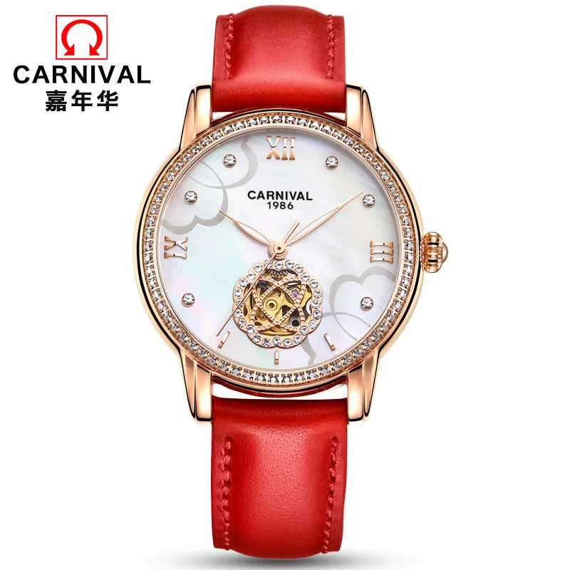 CARNIVAL Fashion Tourbillon Watches for Woman Luxury Diamond Automatic Watch Waterproof Leather Sapphire Mechanical Wristwatches