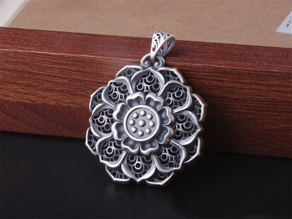 BOCAI S999 Sterling Silver Charm Pendants Hollow Out Lotus Vajra Pestle Hanging Jewelry Pure Argentum Amulet for Men and Women