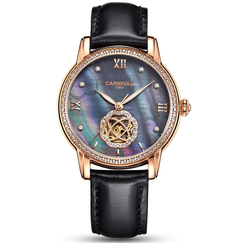 CARNIVAL Fashion Tourbillon Watches for Woman Luxury Diamond Automatic Watch Waterproof Leather Sapphire Mechanical Wristwatches