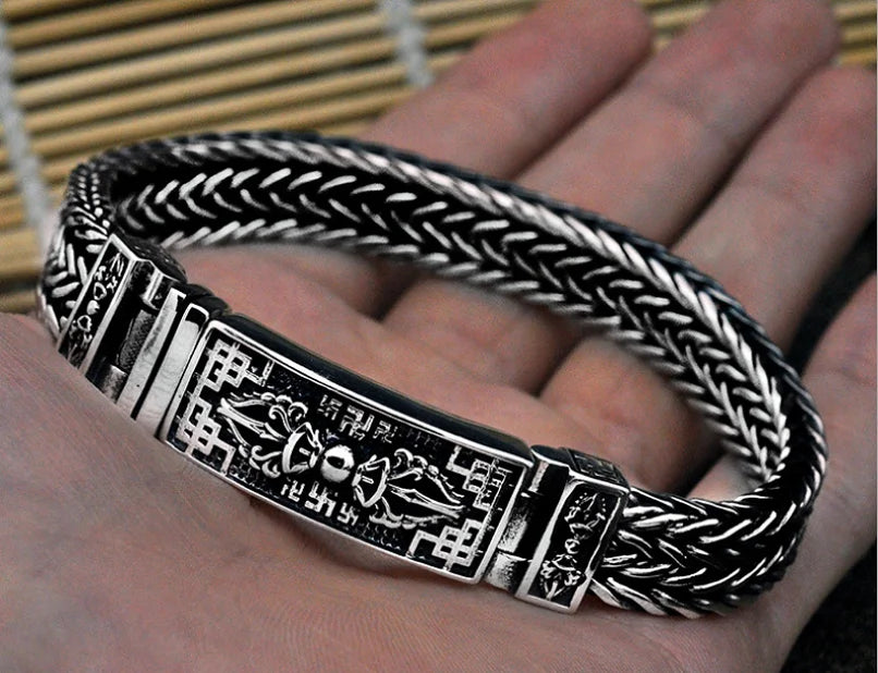 Real 925 Sterling Silver Bracelet Men's Wide 11mm Retro Punk Rock Wire Chain Chain and Bracelet Male Thai Silver Jewelry Gift