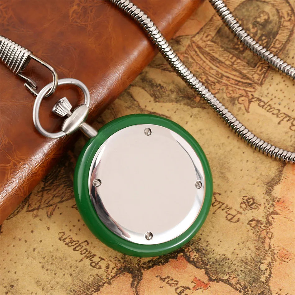 Minimalist Retro Green/White Jade Quartz Pocket Watch Silver Snake Pocket Chain Pendant Antique Pocket Clock Gift Men Women