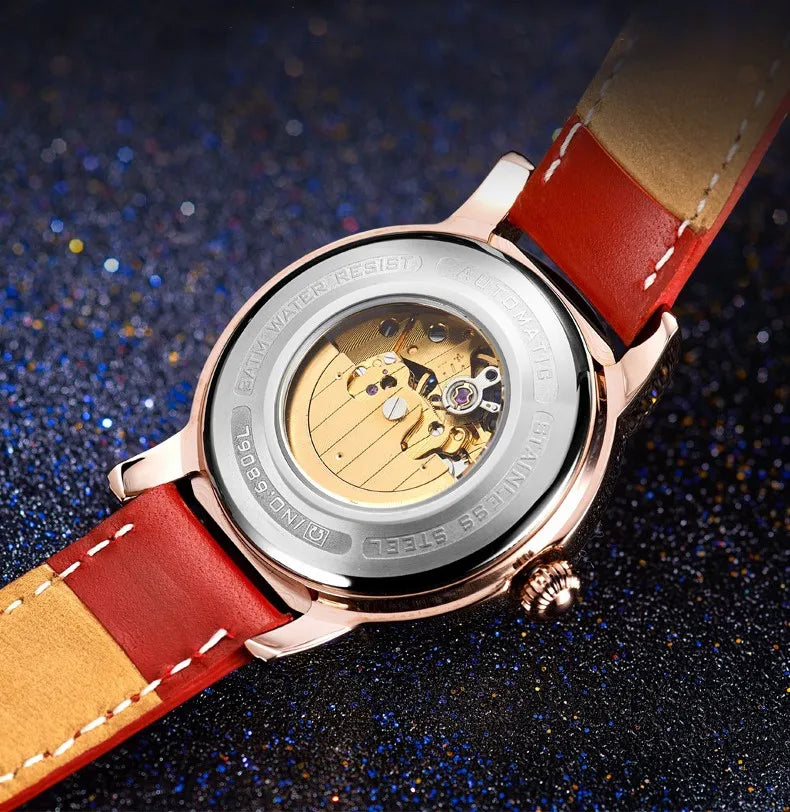 CARNIVAL Fashion Tourbillon Watches for Woman Luxury Diamond Automatic Watch Waterproof Leather Sapphire Mechanical Wristwatches