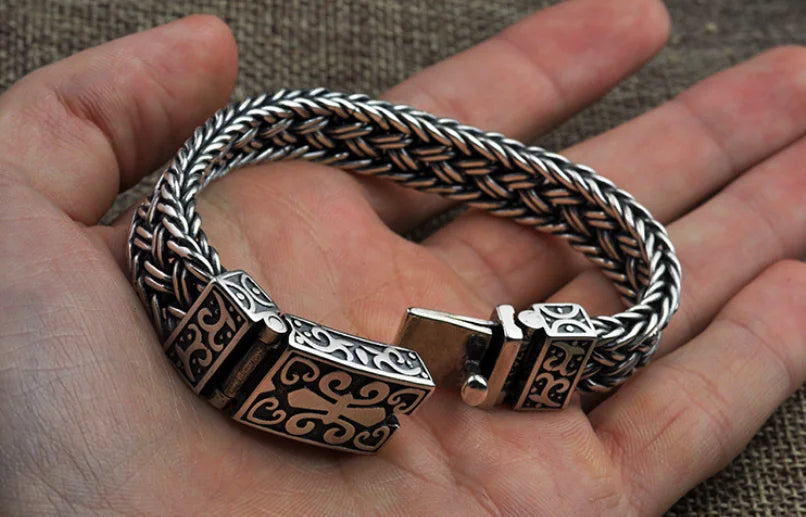 Real 925 Sterling Silver Bracelet Men's Wide 11mm Retro Punk Rock Wire Chain Chain and Bracelet Male Thai Silver Jewelry Gift
