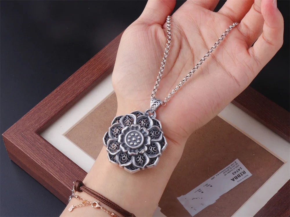 BOCAI S999 Sterling Silver Charm Pendants Hollow Out Lotus Vajra Pestle Hanging Jewelry Pure Argentum Amulet for Men and Women