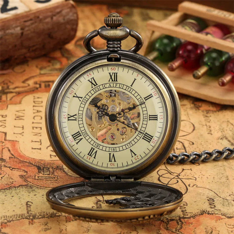 Bronze Hollow Dragon Display Half Hunter Mechanical Pocket Watch Cool Antique Pendant Manual Mechanism Pocket Clock Gift Male