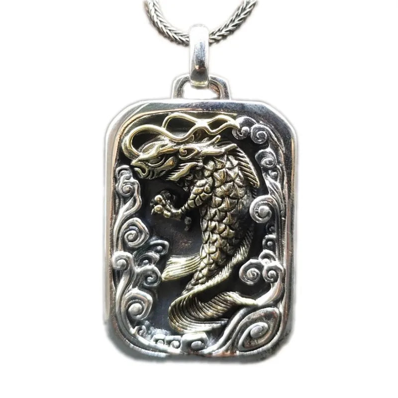 BOCAI  Fashion New Real S925 Silver Golden Personality Carp Playing in Water Man and Woman Pendant  Retro Jewelry