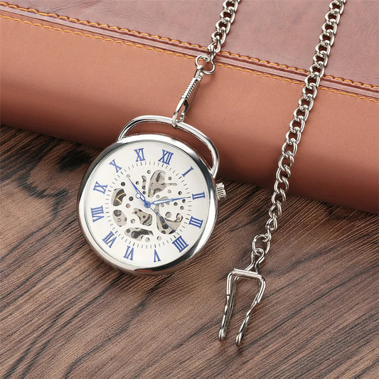 Open Face Blue Roman Numerals Display Mechanical Hand Winding Pocket Watch Silver Transparent Skeleton Pendant Antique Clock