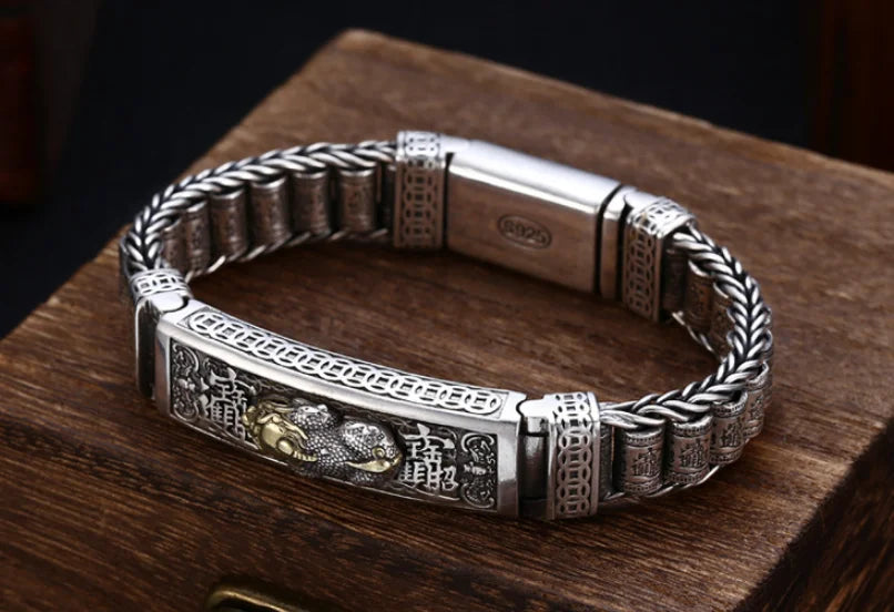Real Silver Retro Thick Personalized Lucky Pixiu Bracelet Men Man Thai silver Domineering Trend Personalized Wish Money Jewelry