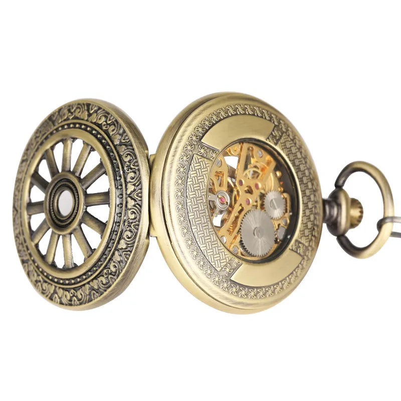 Antique Luminous Dial Mechanical Pocket Watch Bronze Hollow Wheel Unisex Hand-Winding Clock Steampunk Pendant Chain Gift reloj