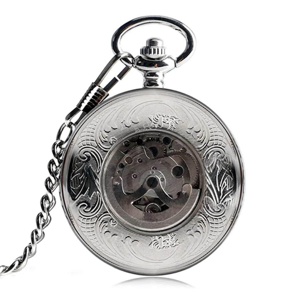 Silver Shield Automatic Mechanical Pocket Watch Arabic Numerals Display Self-Winding Pendant Antique Pocket Clock Male Gifts