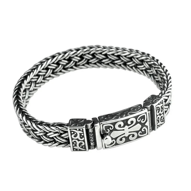 Real 925 Sterling Silver Bracelet Men's Wide 11mm Retro Punk Rock Wire Chain Chain and Bracelet Male Thai Silver Jewelry Gift