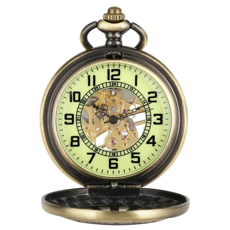 Antique Luminous Dial Mechanical Pocket Watch Bronze Hollow Wheel Unisex Hand-Winding Clock Steampunk Pendant Chain Gift reloj