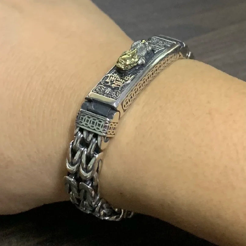 Real Silver Retro Thick Personalized Lucky Pixiu Bracelet Men Man Thai silver Domineering Trend Personalized Wish Money Jewelry