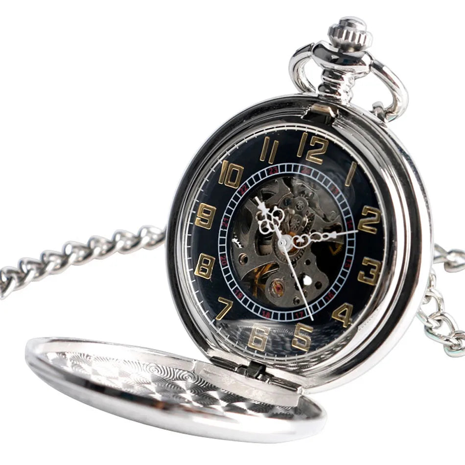 Silver Shield Automatic Mechanical Pocket Watch Arabic Numerals Display Self-Winding Pendant Antique Pocket Clock Male Gifts